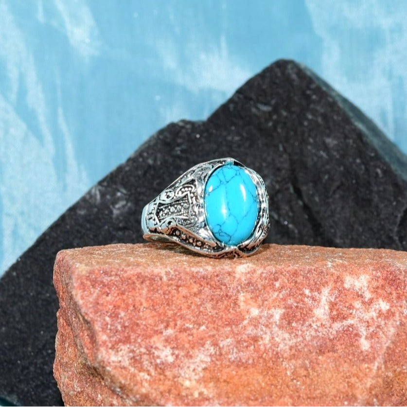 Granelle Crest Mens Etched Silver Ring Blue Turquoise Simulate