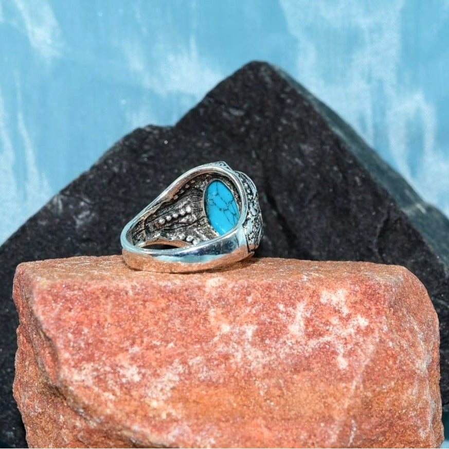 Granelle Crest Mens Etched Silver Ring Blue Turquoise Simulate