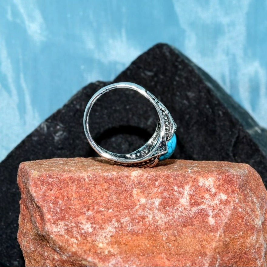 Granelle Crest Mens Etched Silver Ring Blue Turquoise Simulate