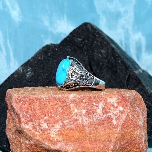 Granelle Crest Mens Etched Silver Ring Blue Turquoise Simulate