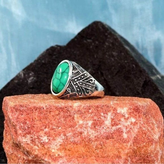 Lucas Arrow Mens Etched Silver Ring Green Turquoise Simulate