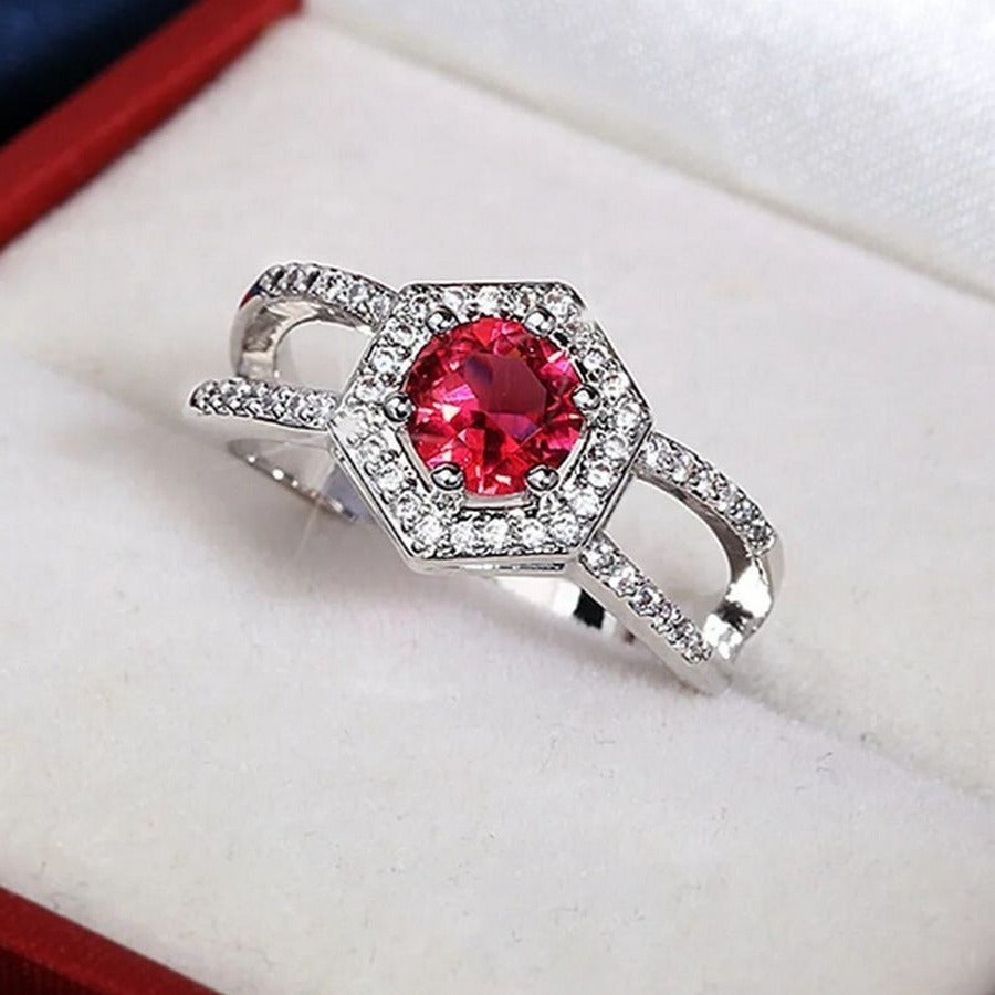 Kiara Grace Womens Size 6 Rosy Red Hexagon Framed Crystal Silver Ring