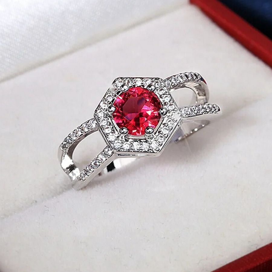 Kiara Grace Womens Size 6 Rosy Red Hexagon Framed Crystal Silver Ring