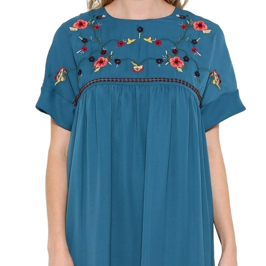 Esley Blue Floral Embroidered Dress with Side Pockets Size Small