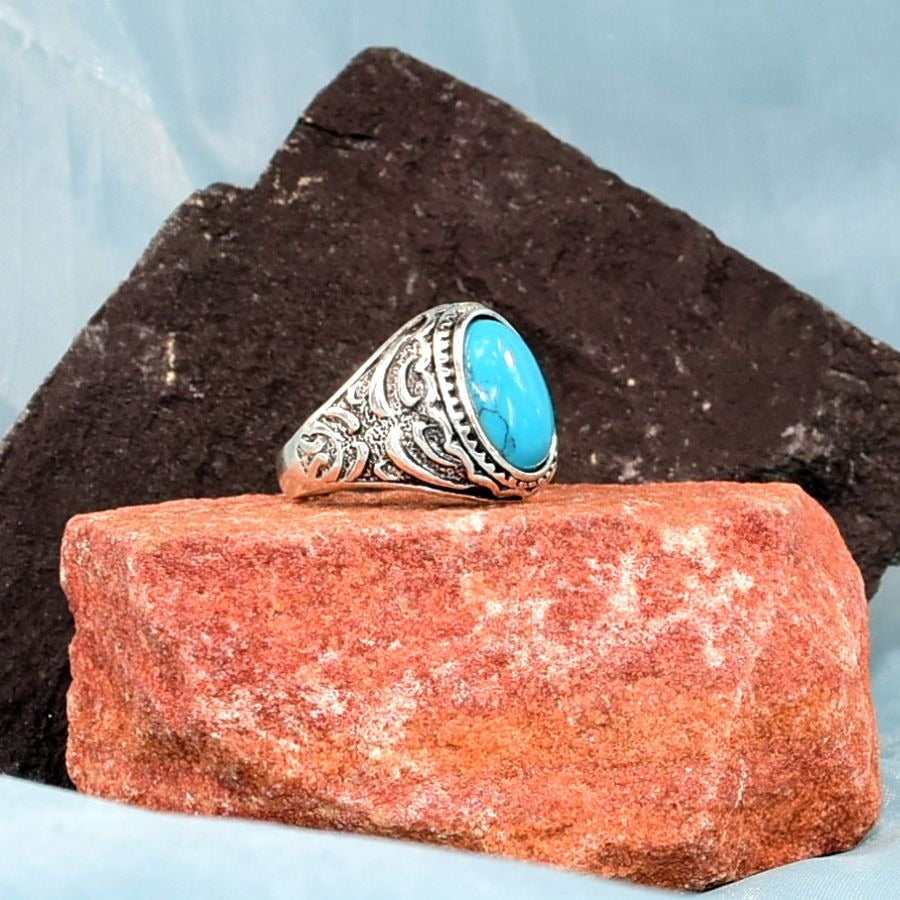 Daxton Ribbs Mens Size 10 Oval Blue Turquoise Etched Silver Ring Gift Boxed