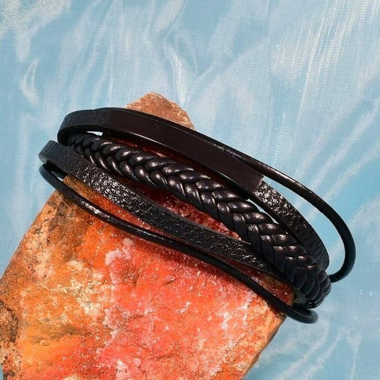 Vault Ableman Mens Five Layer Metal Accent Leather Clasp Bracelet Black Gift Packaged