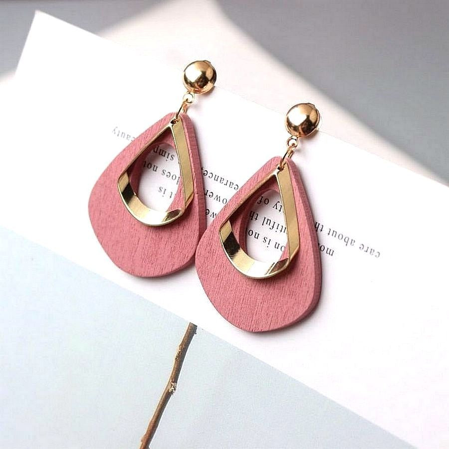 Kaylie Blush Pink Press Cut Wood Hollow Gold Layer Teardrop Earrings Gift Boxed