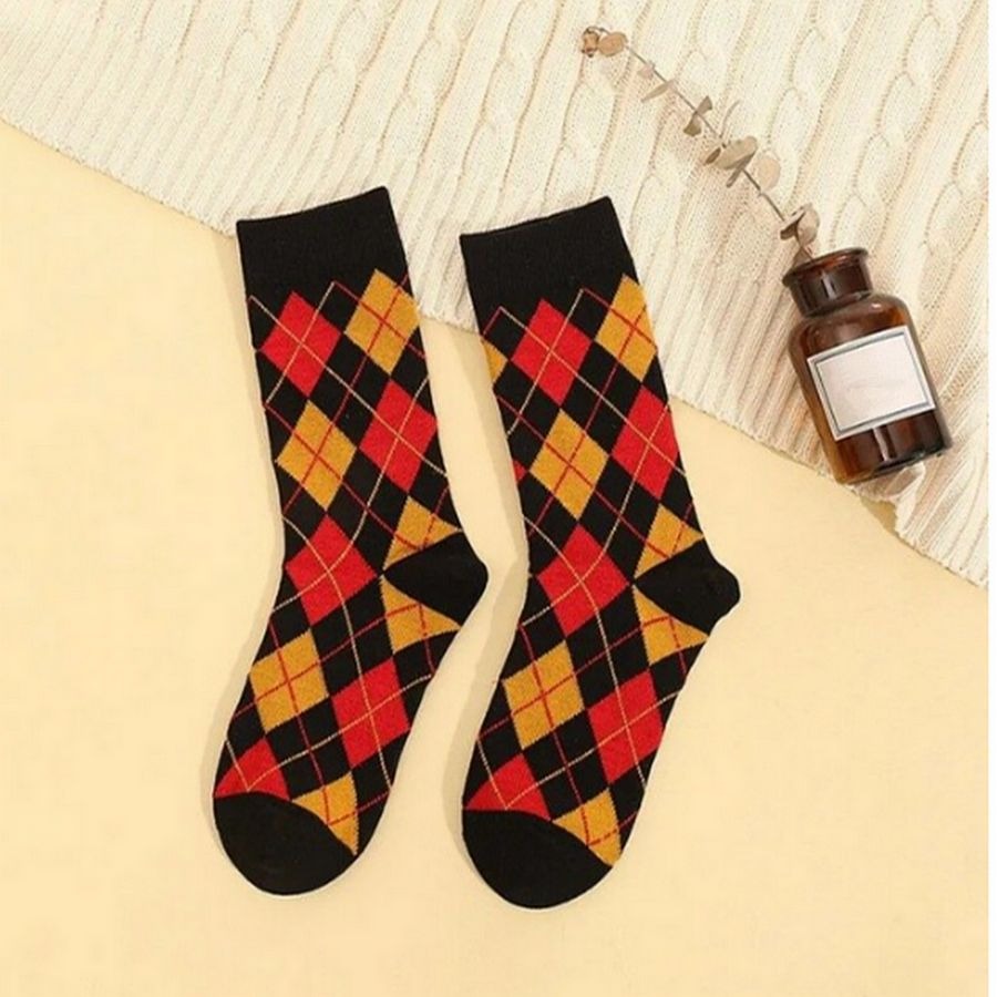 Shelby Argyle Pattern Socks Black with Orange and Red Gift Packaged