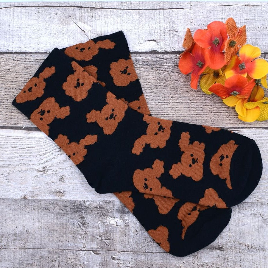 Andi Larose Womens Puppy Dog Pattern Socks Brown on Black Gift Packaged