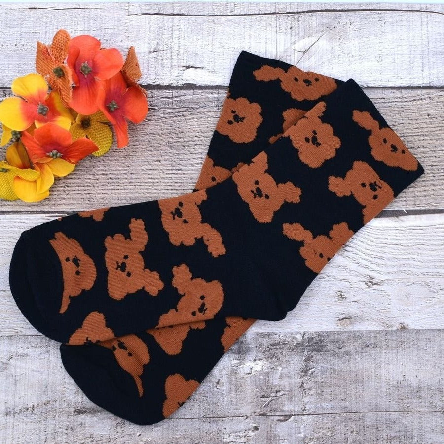 Andi Larose Womens Puppy Dog Pattern Socks Brown on Black Gift Packaged