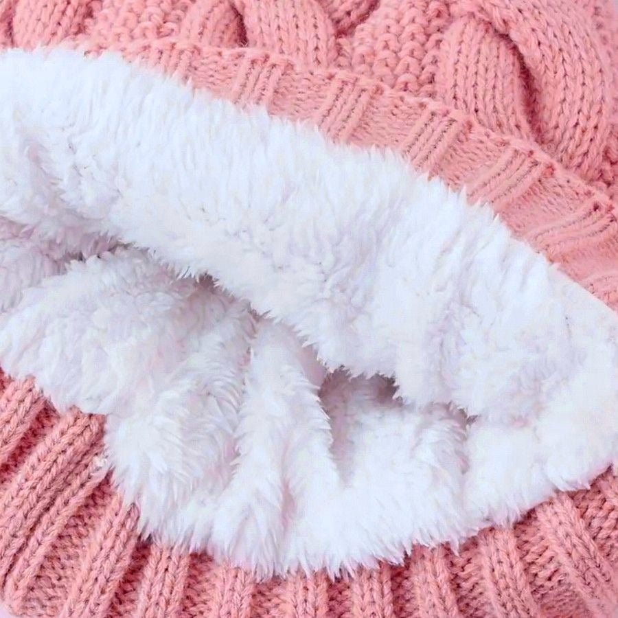 Haylee Glenn Pink Fleece Lined Cable Knit Fur Pom Pom Beanie Hat Gift Packaged