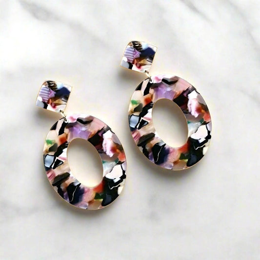 Geometric Statement Dangle Earrings Open Oval Zinnia Arts Abstract Black Pink