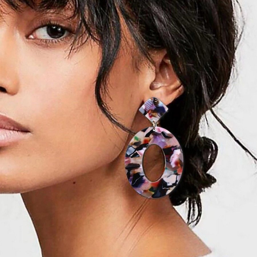 Geometric Statement Dangle Earrings Open Oval Zinnia Arts Abstract Black Pink