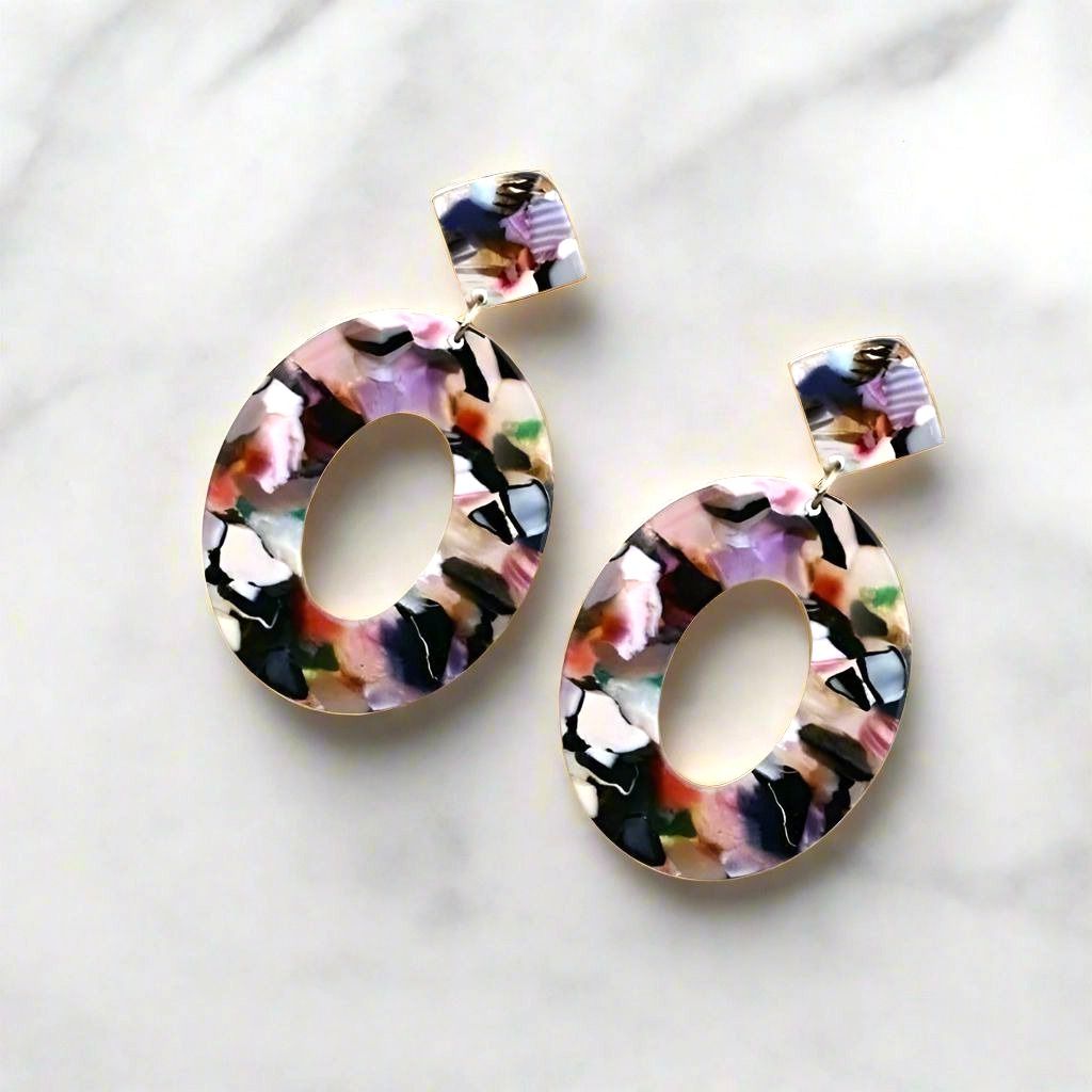 Geometric Statement Dangle Earrings Open Oval Zinnia Arts Abstract Black Pink