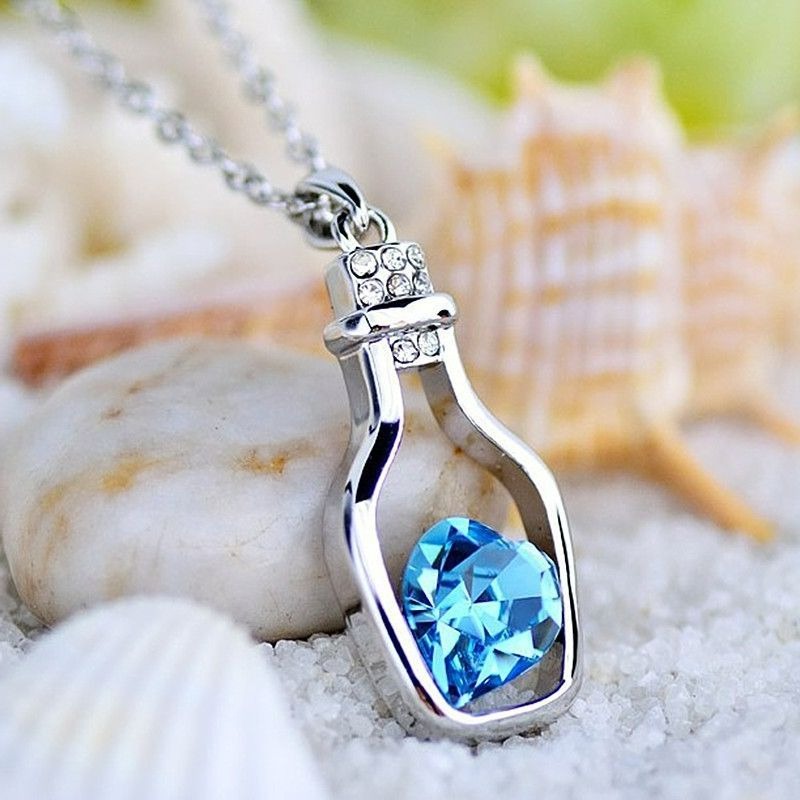 Callie Heart Message Bottle Charm Pendant Necklace Blue Gift Packaged