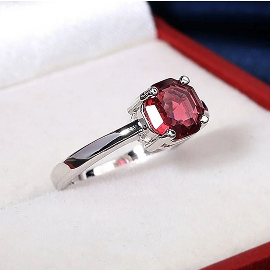 Cecilia Rose Womens Size 6 Red Octagon Crystal Silver Ring Gift Boxed