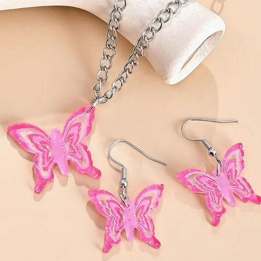 Briella Jesse Colorful Pink Butterfly Necklace and Earrings Set Gift Packaged