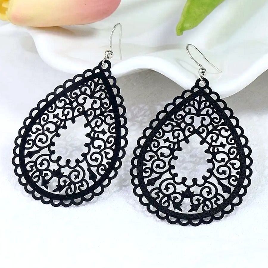 Ophelia Filigree Teardrop Water Drop Dangle Earrings Jet Set Black Gift Packaged