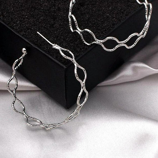 Vanessa Abstract Double Wave Artistic Hoop Earrings in Silver Gift Packaged