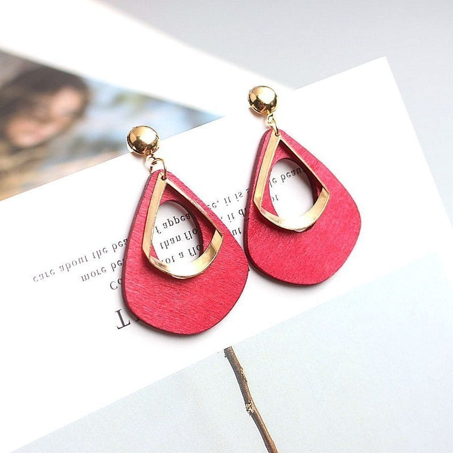 Kaylie Magenta Pink Press Cut Wood Gold Layer Teardrop Earrings Gift Packaged