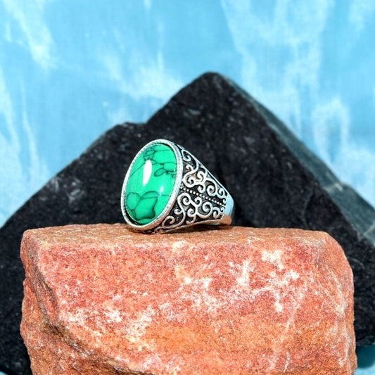 Azi Scroll Mens Etched Silver Ring Green Turquoise Simulate Size 8.5 Gift Boxed