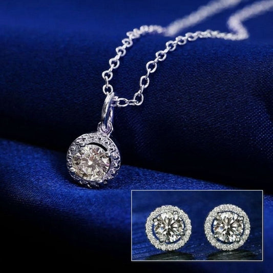 Avianna Halo Round Cubic Zirconia Silver Pendant Necklace and Earrings Gift Set