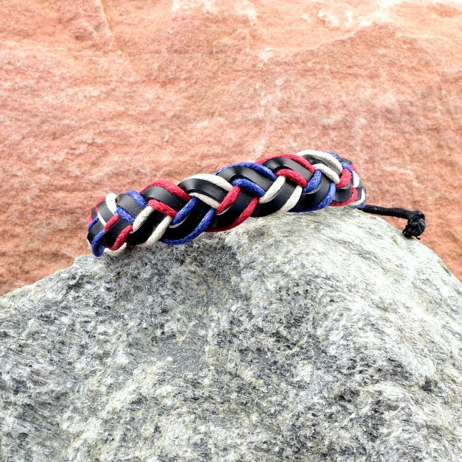 Ensley Braid Cord Leather Slide Tie Bracelet Red White Blue Unisex Gift Packaged