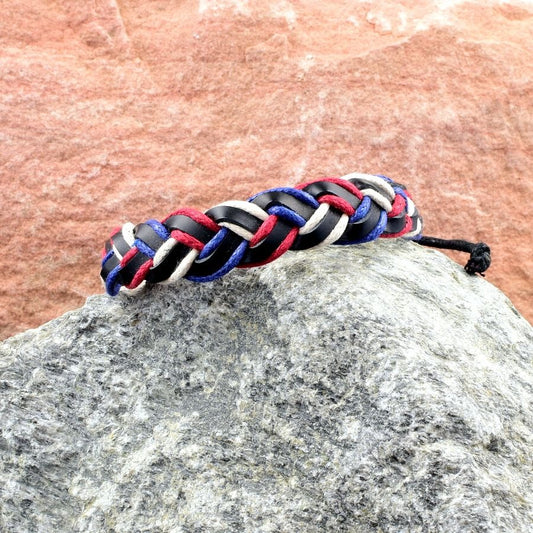 Ensley Braid Cord Leather Slide Tie Bracelet Red White Blue Unisex Gift Packaged
