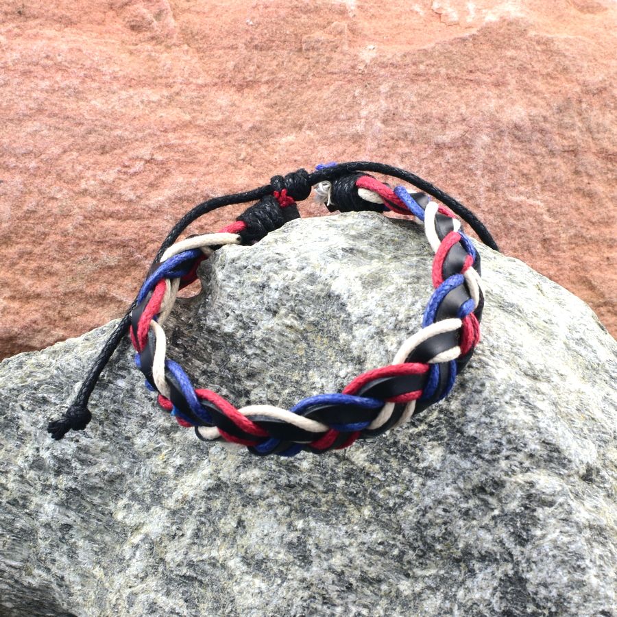 Ensley Braid Cord Leather Slide Tie Bracelet Red White Blue Unisex Gift Packaged