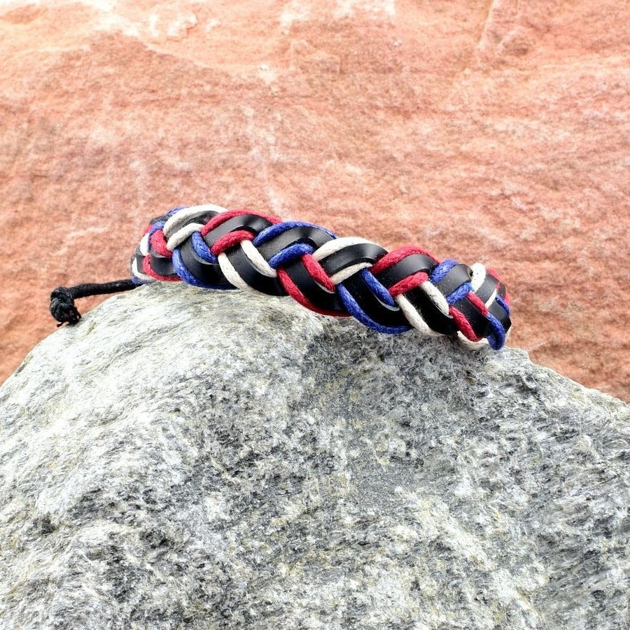 Ensley Braid Cord Leather Slide Tie Bracelet Red White Blue Unisex Gift Packaged