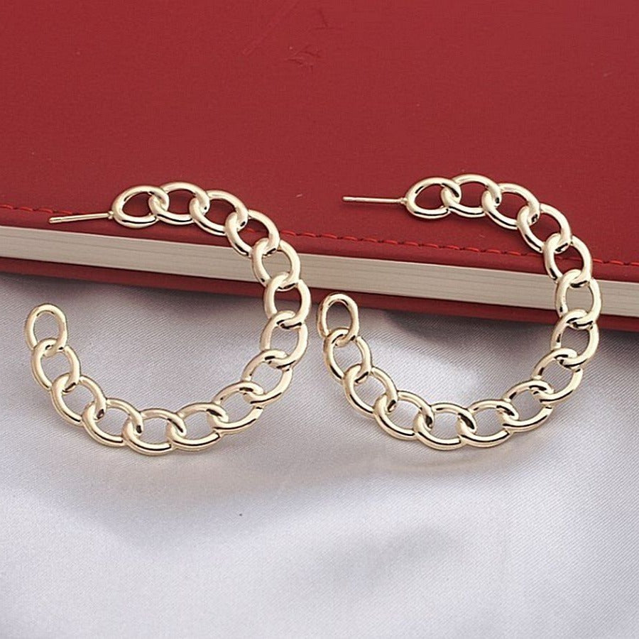 Alyssa Leanna Gold Stationary Link Design Hoop Post Earrings