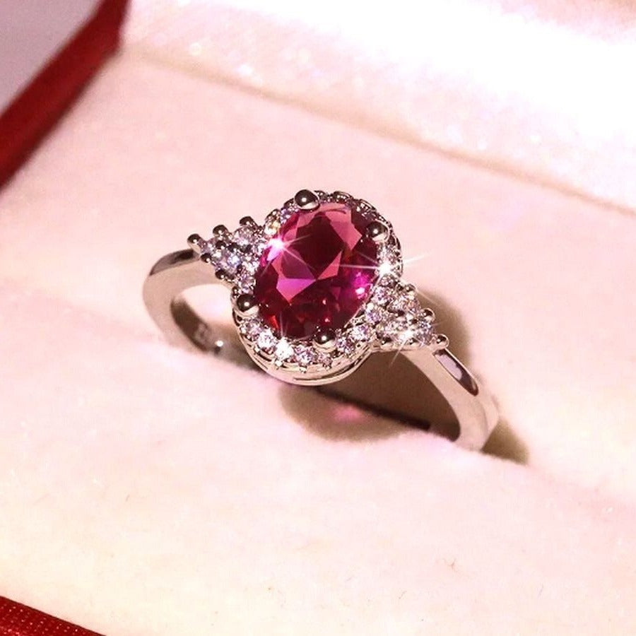 Valentinia Womens Size 7 Oval Faceted Pink Gemstone Silver Ring Gift Boxed