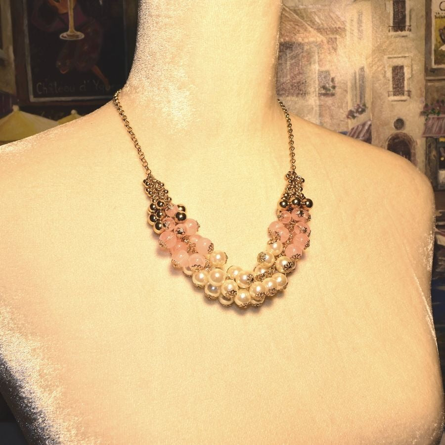 Gold Pink Cream Layered Bauble Necklace Caroline C Estate Collection Piece