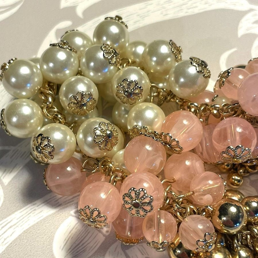 Gold Pink Cream Layered Bauble Necklace Caroline C Estate Collection Piece