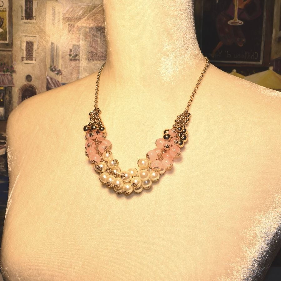 Gold Pink Cream Layered Bauble Necklace Caroline C Estate Collection Piece