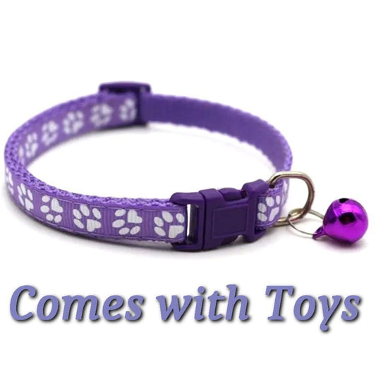 Sweet Heart Paw Print Purple Cat Collar with Bell and Toys Gift Package