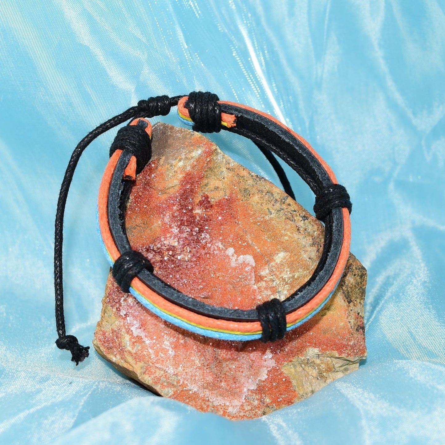 Cameron Mens Layer Hemp Leather Bracelet Black Orange Yellow Blue Gift Packaged