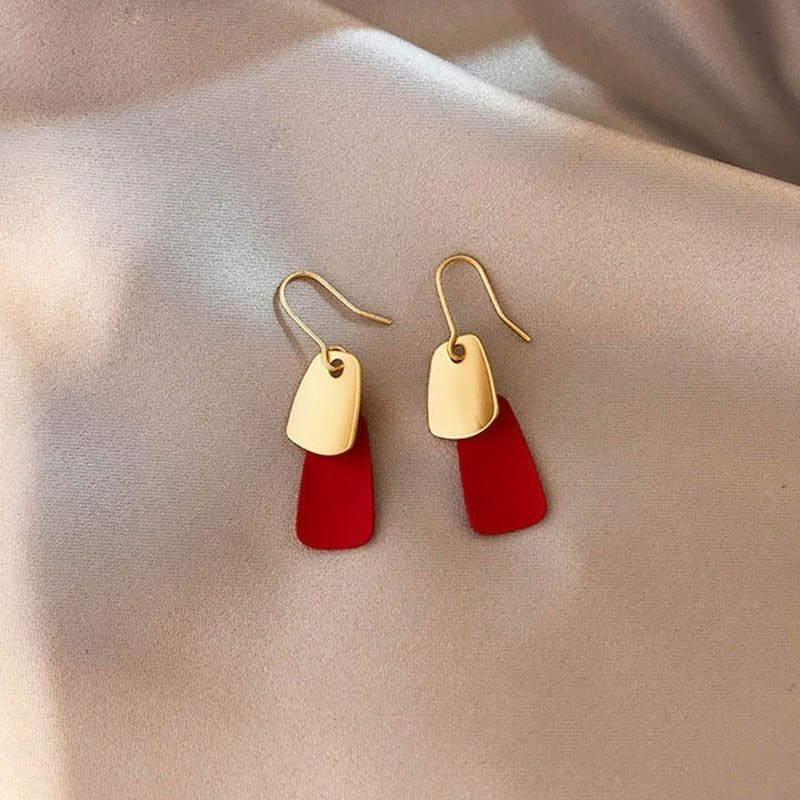 Emmie Jaise Red and Gold Double Layer Petal Dangle Hook Earrings Gift Packaged