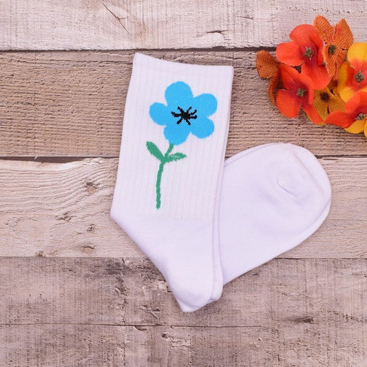 Minimal Garden Womens Flower Socks Blue on White Gift Packaged