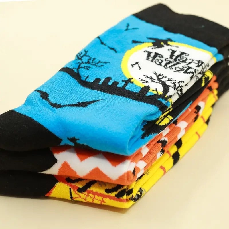 Happy Haunts Halloween Socks White Chevron Black Bats Orange Gift Packaged