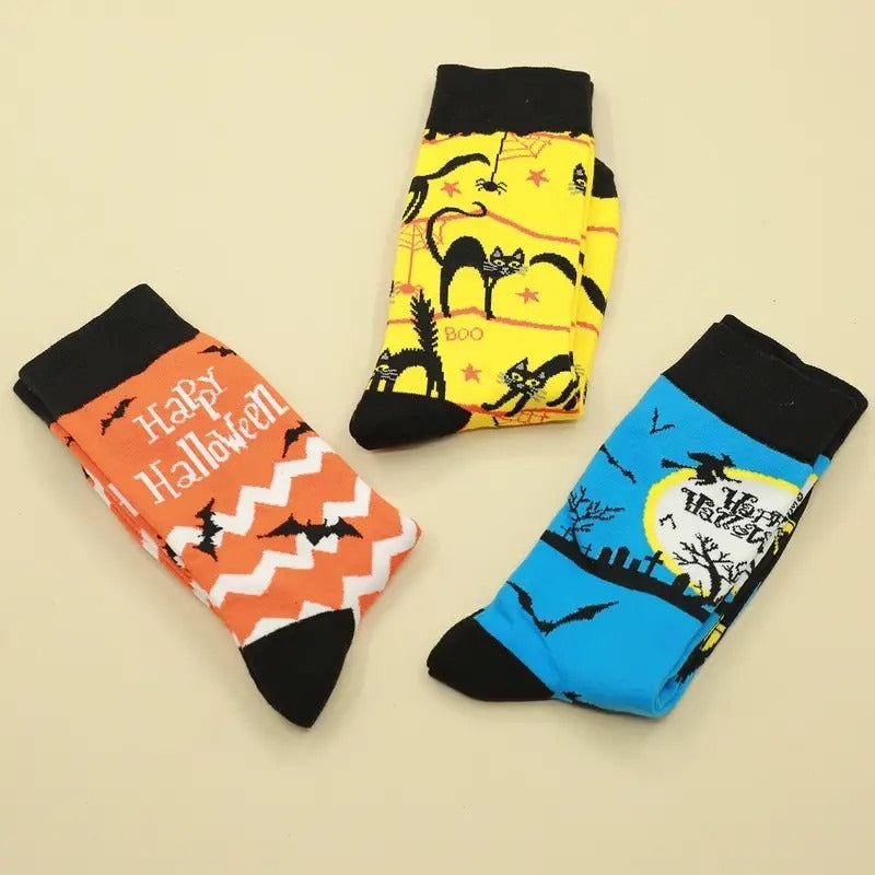 Happy Haunts Halloween Socks White Chevron Black Bats Orange Gift Packaged
