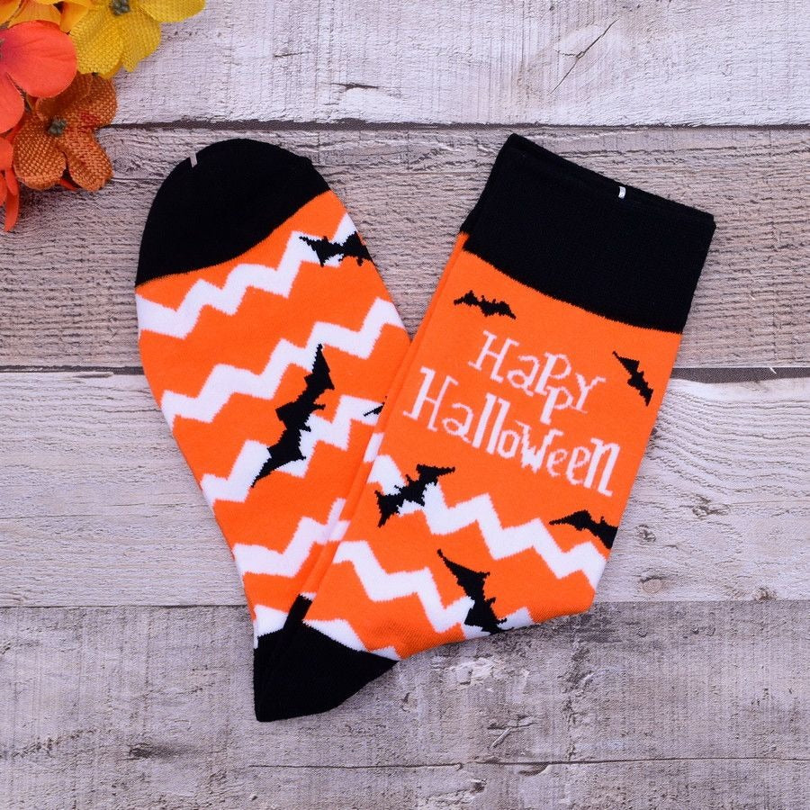 Happy Haunts Halloween Socks White Chevron Black Bats Orange Gift Packaged