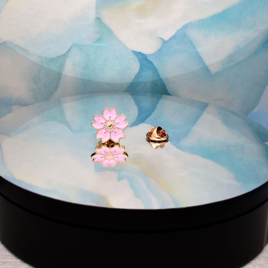 Kallie Juliet Cherry Blossom Flower Mini Brooch Pin Pink and Gold Gift Packaged