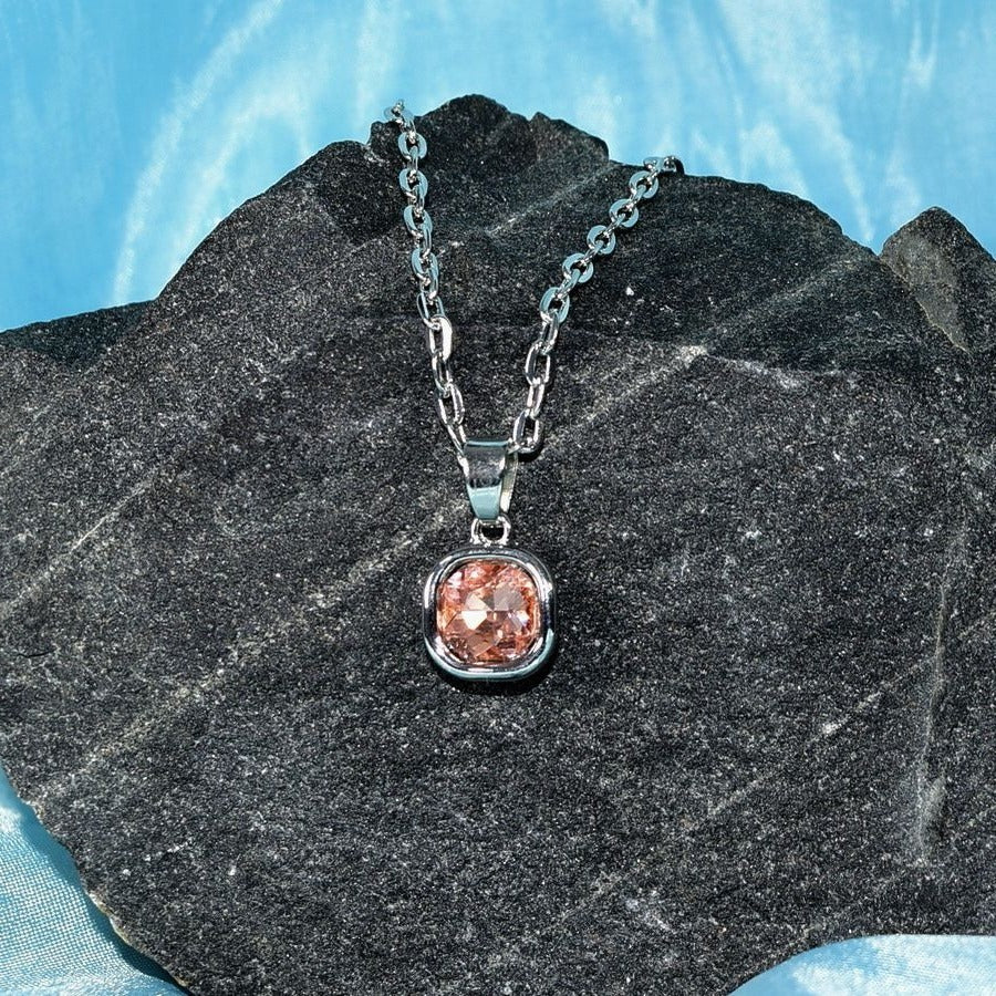 Jemma Tourmaline Pink Color Square Crystal Pendant Necklace Gift Packaged