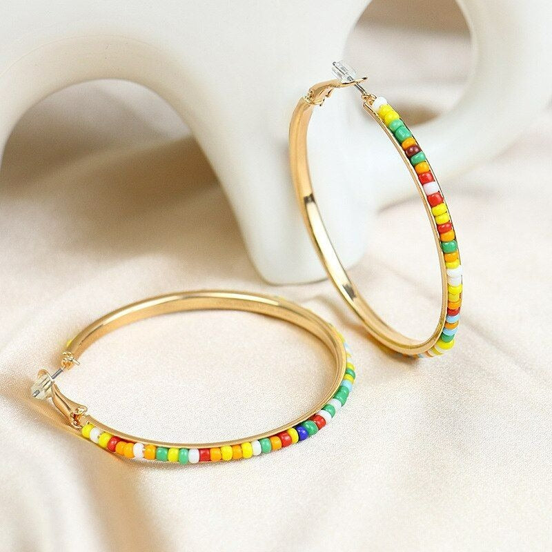 Abby Laure Multicolored Beads on Gold Large Hoop Earrings