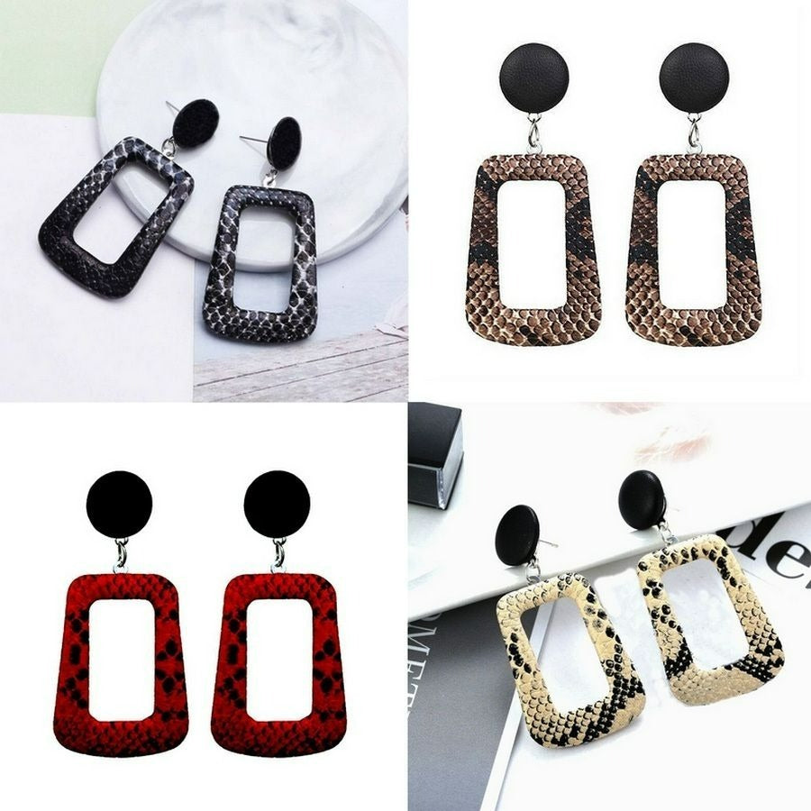 Briella Style Snake Skin Open Square Dangle Earrings Brown Black Gift Packaged