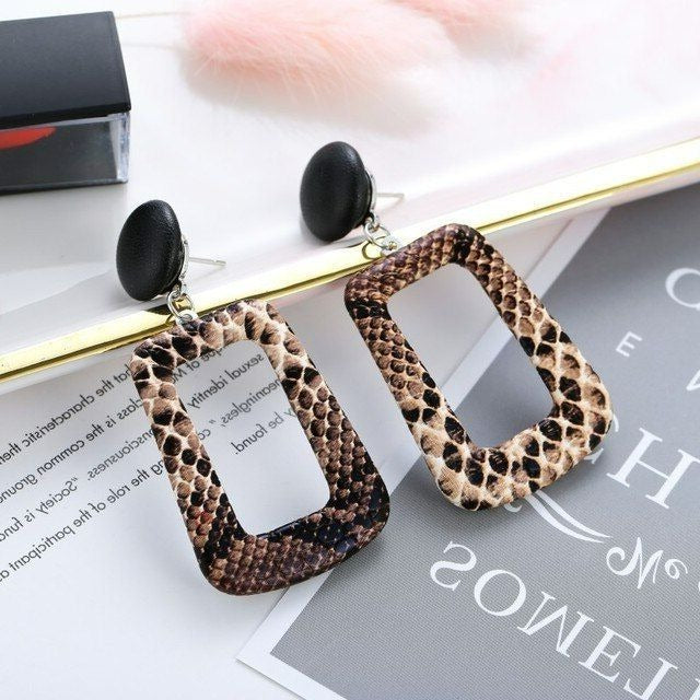 Briella Style Snake Skin Open Square Dangle Earrings Brown Black Gift Packaged