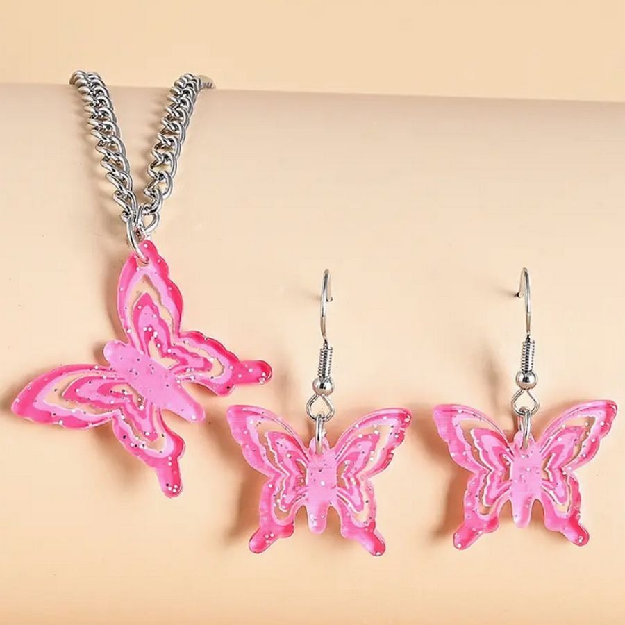 Lindy Jessa Colorful Pink Butterfly Necklace Earrings Set Gift Packaged