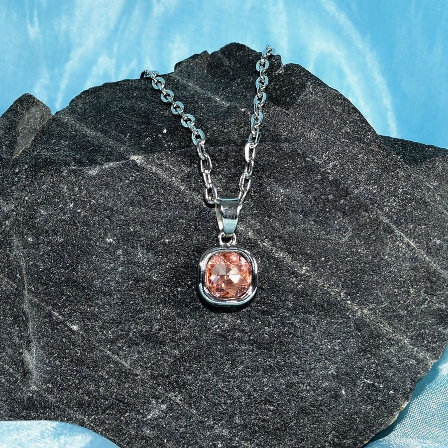Jemma Tourmaline Pink Color Square Crystal Pendant Necklace