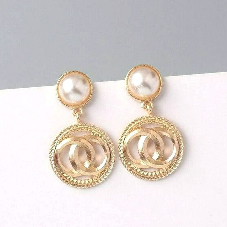 Adell Caspia Pearl Double Round Matt Finish Gold Tone Drop Earrings